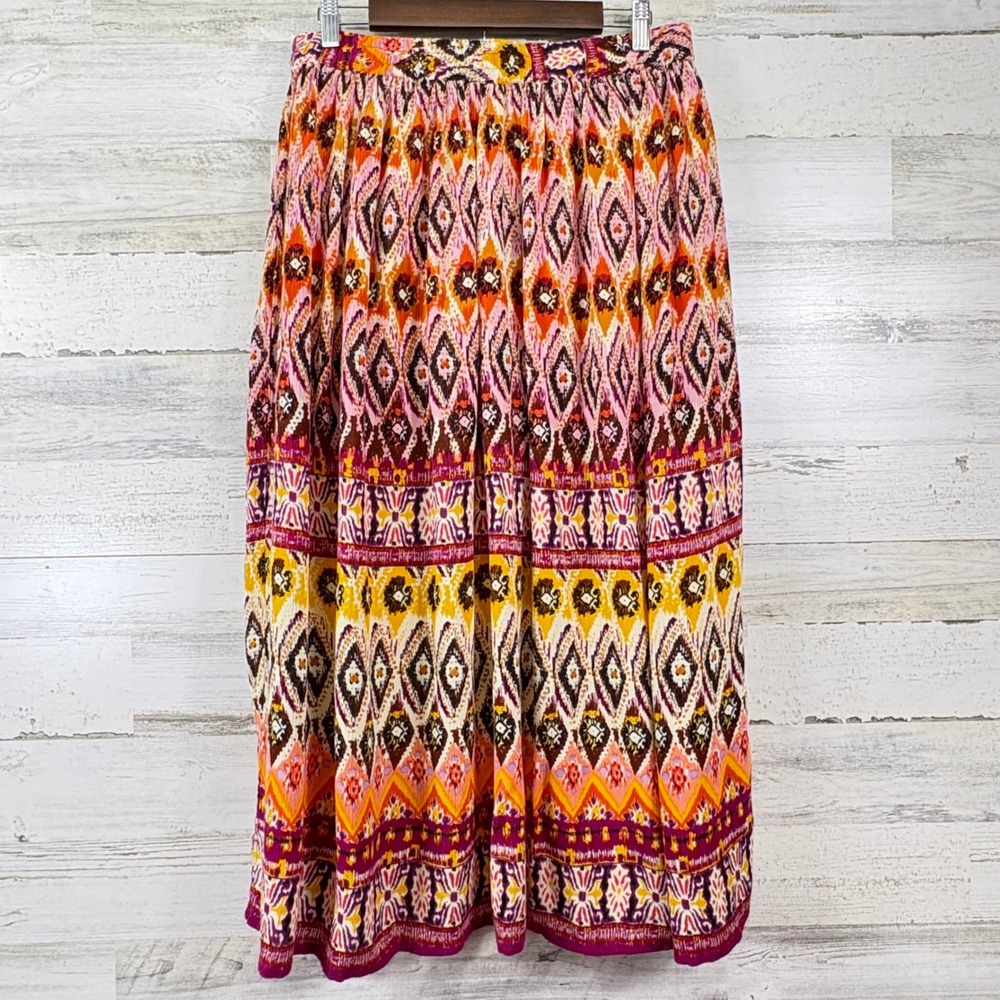 Chaudry Midi Skirt Womens Small Orange Ikat Geometric Lined Boho Festival Indie